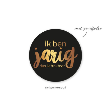 sticker jarig trakteer goudfolie zwart