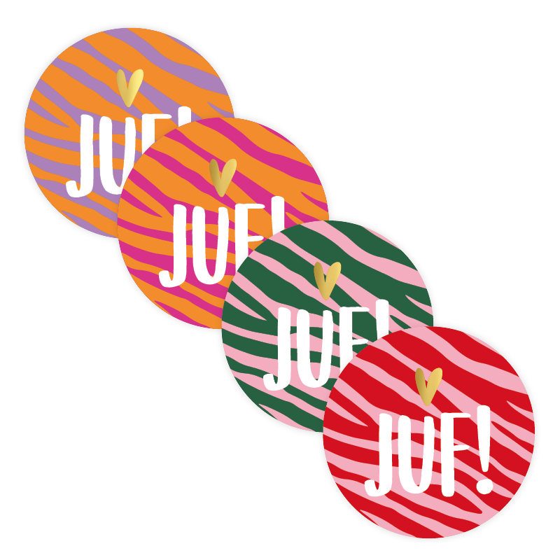 Stickermix JUF! jungle in kleur met gouden hartje 50 mm 4 stuks