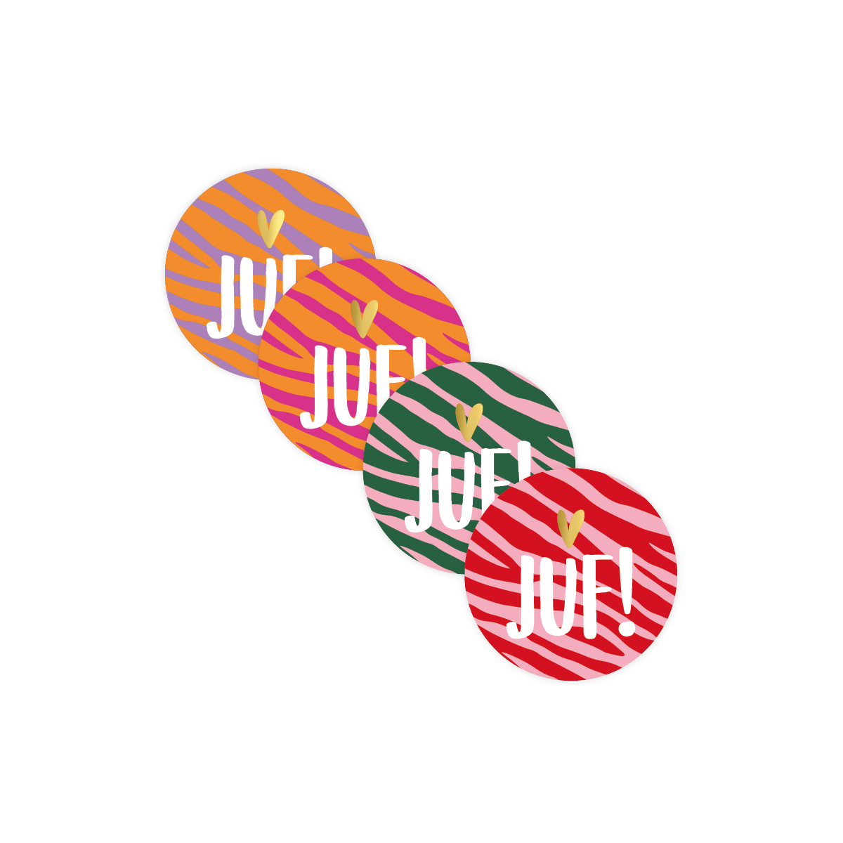 Stickermix JUF! jungle in kleur met gouden hartje 50 mm 4 stuks