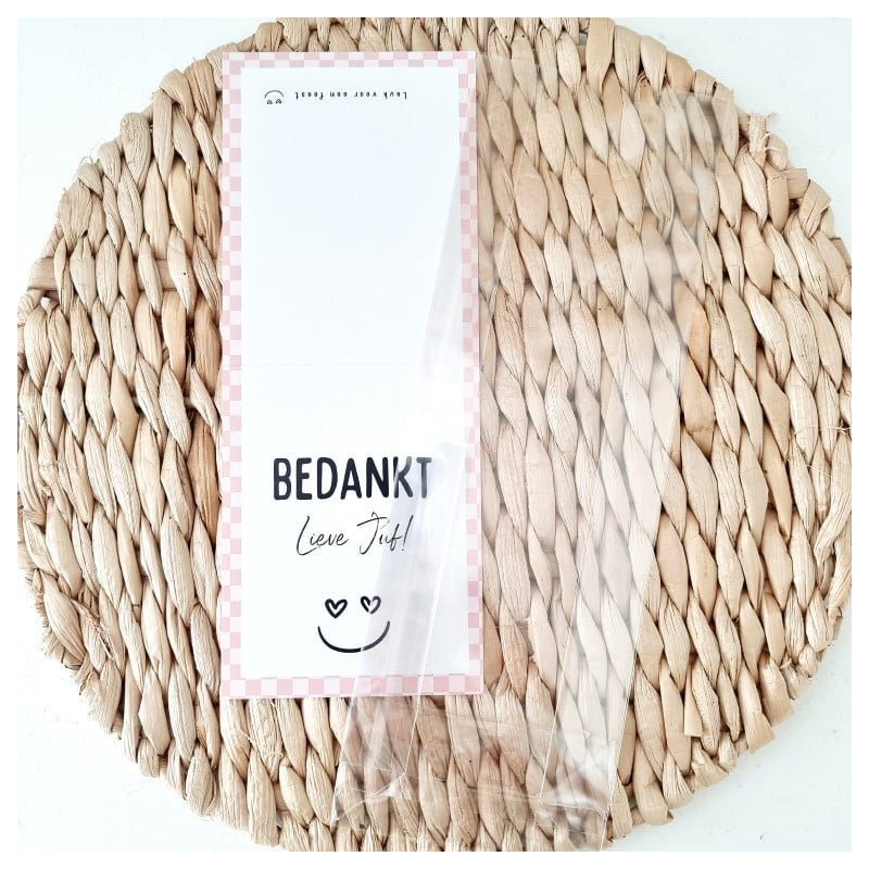 feestzakje bedankt lieve juf roze smiley